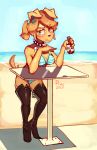  4_fingers beverage bikini blue_eyes breasts brown_hair canid canine canis clothing collar day domestic_dog ear_piercing female fingers footwear fur furniture hair hi_res high_heels holding_beverage holding_object mammal piercing ping-ether ponytail seaside shoes solo standing swimwear table tan_body tan_fur water 