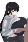  1boy 1girl arato_nagi black_bra black_hair black_pants blue_eyes bra breasts cleavage_cutout clothing_cutout gigantic_breasts grey_hoodie hetero highres hood hoodie naozuri paizuri pants perpendicular_paizuri ruri_no_houseki smile underwear 