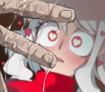  1girl blurry blurry_background blush gomio_(bb-k) heart heart-shaped_pupils helltaker highres modeus_(helltaker) red_eyes red_sweater sidelocks suggestive_fluid sweater symbol-shaped_pupils turtleneck turtleneck_sweater white_hair 