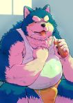  2020 anthro belly blue_body blue_fur blush bulge canid canine canis cigarette clothing domestic_dog fur kemono male mammal overweight overweight_male shirt smoking solo tongue tongue_out topwear underwear white_body white_fur yakiniku 