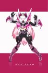  1girl belt bodysuit demon_girl drive_hobby hair_ornament helmet heterochromia highres horns kamen_rider kamen_rider_den-o kamen_rider_den-o_(series) long_hair looking_at_viewer mask nijisanji parody pink_hair pose simple_background solo virtual_youtuber wings yuzuki_roa 