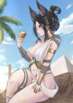  1girl absurdres ancient_egyptian ancient_egyptian_clothes animal_ears artist_name breasts chascoby extra_ears highres jewelry large_breasts long_hair navel nova_(chascoby) original parted_bangs signature usekh_collar wolf_ears 