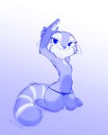  2019 3_toes 4:5 4_fingers ailurid anthro blue_theme breasts claws closed_smile clothed clothing cute_fangs ears_down facial_markings featureless_breasts female fingers gloves_(marking) gradient_background head_markings hi_res kneeling mammal markings monochrome panties pivoted_ears raised_arm red_panda ribbontini ringtail signature simple_background small_breasts smile solo tear_(marking) toes topless underwear white_claws 