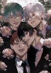  4boys absurdres antenna_hair aohitsugi_samatoki aqua_hair black_hair black_jacket black_necktie black_suit captive_bead_ring choppy_bangs closed_eyes collared_shirt colored_tips commentary dappled_sunlight dress_shirt ear_piercing earrings eyelashes facing_viewer fang flower flower_request green_eyes grin hair_between_eyes harai_kuko head_on_head head_rest heads_together heterochromia highres hijiki821 hoop_earrings hypnosis_mic jacket jewelry licking_lips looking_at_viewer mad_comic_dialogue male_focus mole mole_under_eye multicolored_hair multiple_boys multiple_earrings necktie nurude_sasara outdoors parted_lips piercing piercing_hole pink_flower red_eyes red_hair shirt short_hair smile stud_earrings suit sunlight symbol-only_commentary teeth tongue tongue_out upper_body upper_teeth_only v-shaped_eyebrows white_hair yamada_ichiro yellow_eyes 