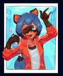  absurd_res anthro beverage black_body black_fur blue_body blue_eyes blue_fur blue_hair brand_new_animal brown_body brown_fur canid canine clothed clothing cute_fangs devil_horns_(gesture) female fluffy fluffy_tail fur gesture hair half-length_portrait hi_res holding_object jacket mammal michiru_kagemori one_eye_closed open_mouth ping-ether portrait raccoon_dog smile solo studio_trigger tanuki topwear wink 