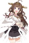  1girl :d ahoge bangs black_skirt blunt_bangs blush brown_hair cowboy_shot cropped_legs eyebrows_visible_through_hair headgear ixy japanese_clothes kantai_collection kongou_(kantai_collection) long_hair looking_at_viewer nontraditional_miko open_mouth purple_eyes remodel_(kantai_collection) simple_background skirt smile solo teeth upper_teeth white_background wide_sleeves 