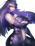  1girl arm_under_breasts bangs bare_shoulders bayonetta bayonetta_(character) black-framed_eyewear breasts center_opening curvy fumio_(rsqkr) glasses hat highres large_breasts long_hair looking_at_viewer mole mole_under_mouth purple_hair purple_nails red_lips smile swept_bangs thick_thighs thighs underboob_cutout 
