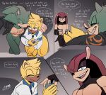 2024 absurd_res anthro anthro_on_anthro archie_comics arm_around_another armadillo armwear black_armwear black_body black_clothing black_fur black_jacket black_nose black_topwear blonde_hair blue_clothing blue_eyes blue_shirt blue_topwear bottomless brown_body brown_fur cellphone chest_scar clothed clothing dialogue electronics english_text eulipotyphlan eye_contact featureless_crotch flying_squirrel fur gesture green_body green_fur grin group hair hedgehog hi_res holding_cellphone holding_object holding_phone holding_smartphone jacket looking_at_another male male/male mammal mighty_the_armadillo mostly_nude open_clothing open_jacket open_topwear orange_clothing orange_jacket orange_topwear phone pupils ray_the_flying_squirrel red_body red_eyes red_fur rodent romantic romantic_couple scar sciurid scourge_the_hedgehog sega shirt shirtless sitting smartphone smile sonic_the_hedgehog_(archie) sonic_the_hedgehog_(comics) sonic_the_hedgehog_(series) speech_bubble tail tan_body tan_fur tan_inner_ear text thick_tail toodamncycle topwear trio waving white_clothing white_shirt white_topwear xenarthran yellow_body yellow_fur