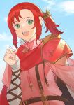  1girl arrow_(projectile) belt blue_sky cloud day earrings fire_emblem fire_emblem:_mystery_of_the_emblem green_eyes hair_ornament highres jewelry kyufe long_sleeves norne_(fire_emblem) open_mouth red_hair red_scarf scarf sky solo upper_body 