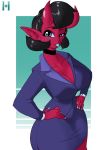  absurd_res big_breasts black_hair blep breasts cleavage clothed clothing demon demon_humanoid ear_piercing ear_ring female hair hand_on_hip hi_res horn horned_humanoid humanoid humanoid_pointy_ears jolo not_furry piercing red_body red_skin solo suit tongue tongue_out wide_hips 