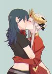  2girls asymmetrical_docking black_shirt blue_background blue_hair blush breast_press breasts byleth_(fire_emblem) byleth_(fire_emblem)_(female) closed_eyes commentary crop_top dress edelgard_von_hresvelg eyelashes fire_emblem fire_emblem:_three_houses from_side gloves hair_bun hand_on_another&#039;s_chin horn_ornament hug kiss long_hair medium_breasts midriff multiple_girls profile raki_(kuroe) red_dress red_gloves shirt short_hair_with_long_locks sidelocks silver_hair simple_background small_breasts taut_clothes tiara yuri 