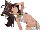  1girl ancient_egyptian ancient_egyptian_clothes animal_ear_fluff animal_ears artist_name bare_arms bare_legs bare_shoulders breasts brown_hair closed_mouth cowboy_shot dark-skinned_female dark_skin ginbosip highres if_you_want_to_become_a_godly_artist_(trend) long_hair midriff navel pelvic_curtain red_eyes simple_background small_breasts solo stomach very_long_hair white_background 