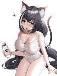  1girl alternate_breast_size animal_ear_fluff animal_ears bangs black_hair blush bottle breasts camisole cat_ears cat_girl cat_tail cleavage collarbone commentary_request covered_nipples cowboy_shot eyebrows_visible_through_hair fang green_eyes hair_between_eyes heart heart-shaped_pupils holding holding_bottle karyl_(princess_connect!) large_breasts long_hair looking_at_viewer low_twintails milk_bottle multicolored_hair nail_polish nose_blush older open_mouth orange_nails princess_connect! princess_connect!_re:dive see-through simple_background sitting smile solo streaked_hair suou-sensei symbol-shaped_pupils tail tail_raised thighs twintails underwear very_long_hair white_background white_camisole 