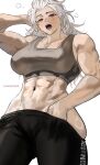  1girl abs absurdres breasts character_request commentary dorohedoro earrings english_commentary highres jewelry large_breasts long_hair muscular muscular_female noi_(dorohedoro) open_mouth park_ongjol red_eyes simple_background solo white_background white_hair 