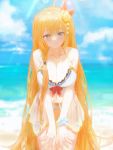  1girl ahoge beach blurry blurry_background breasts cleavage day flower hair_flower hair_ornament hands_on_own_legs highres large_breasts long_hair looking_at_viewer orange_hair outdoors pecorine princess_connect! princess_connect!_re:dive scrunchie smile sonchi standing swimsuit very_long_hair water wrist_scrunchie 