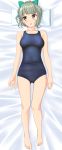  1girl absurdres barefoot bed blue_buruma blue_swimsuit bow buruma collarbone competition_swimsuit dakimakura facing_viewer from_above full_body green_bow grey_hair hair_bow highres kantai_collection looking_to_the_side lying one-piece_swimsuit pillow ponytail short_hair solo swimsuit swimsuit_under_clothes takafumi yuubari_(kantai_collection) 