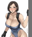  1girl bare_shoulders black_gloves black_hair blue_eyes blush breasts cleavage fingerless_gloves gloves gun handgun highleg highres holding holding_gun holding_weapon jill_valentine leotard looking_at_viewer parted_lips resident_evil shibusun short_hair simple_background solo weapon whip 