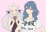  2girls alternate_costume artist_name blue_eyes blue_hair breasts byleth_(fire_emblem) byleth_(fire_emblem)_(female) cleavage commentary edelgard_von_hresvelg fire_emblem fire_emblem:_three_houses hair_ribbon long_hair multiple_girls open_mouth pink_background purple_eyes ribbon short_sleeves simple_background sleeveless upper_body white_hair yudepan_(yuri_no_sugata) 