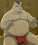  2019 anthro asian_clothing belly bodily_fluids canid canine clothing east_asian_clothing fundoshi garuganofu humanoid_hands japanese_clothing kemono male mammal moobs nipples overweight overweight_male sitting solo sweat underwear 