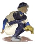  1boy ace_of_diamond baseball_helmet baseball_mitt baseball_uniform blonde_hair chest_protector commentary_request from_side helmet highres korean_commentary male_focus okumura_koushuu owwellowww pants short_hair solo sportswear squatting white_pants 