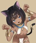  1girl ancient_egyptian animal_ear_fluff animal_ears armlet armpits bare_shoulders black_hair blue_eyes blush bracelet breasts cat_ears cat_girl cat_tail collar collarbone commentary_request dark_skin earrings fang hands_up highres if_you_want_to_become_a_godly_artist_(trend) jewelry large_breasts looking_at_viewer momoziri_pripri nail_polish navel open_mouth original paw_pose short_hair simple_background small_breasts smile solo standing tail tan usekh_collar 