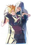  2boys arm_around_neck armor armored_gloves bandaged_arm bandages bangle belt black_coat black_gloves black_pants blonde_hair bracelet brown_belt brown_gloves closed_eyes closed_mouth cloud_strife coat cowboy_shot cropped_legs final_fantasy final_fantasy_vii final_fantasy_vii_remake frown furrowed_brow gloves grey_hair hair_between_eyes holding_another's_arm hug hug_from_behind jewelry long_hair male_focus multiple_belts multiple_boys open_mouth pants parted_bangs pauldrons sephiroth short_hair shoulder_armor single_bare_shoulder single_pauldron sleeveless sleeveless_turtleneck smile spiked_hair suspenders sweatdrop turtleneck twitter_username white_background yaoi yunyunonigiri 
