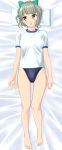  1girl absurdres barefoot bed blue_swimsuit bow competition_swimsuit dakimakura facing_viewer from_above full_body green_bow grey_hair hair_bow highres kantai_collection looking_to_the_side lying one-piece_swimsuit pillow ponytail shirt short_hair solo swimsuit swimsuit_under_clothes t-shirt takafumi white_shirt yuubari_(kantai_collection) 