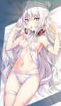  +_+ 1girl arm_scrunchie azur_lane bangs bare_shoulders bikini blue_eyes blush breasts double_bun eyebrows_visible_through_hair food hair_between_eyes headphones headphones_around_neck highres ice_cream le_malin_(azur_lane) le_malin_(wednesday&#039;s_retreat)_(azur_lane) licking long_hair looking_at_viewer lying on_back scrunchie sidelocks silver_hair small_breasts solo swimsuit symbol-shaped_pupils tongue tongue_out very_long_hair white_bikini white_scrunchie yamasan 