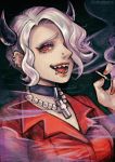  choker cigarette cross crucifix eyeshadow hair_over_one_eye helltaker highres horns makeup piercing red_eyes sharp_teeth smoke teeth tokine_kira white_hair zdrada_(helltaker) 