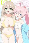  2girls absurdres ahoge bikini blue_archive blue_eyes breasts commentary_request green_eyes halo heterochromia highres hoshino_(blue_archive) hoshino_(swimsuit)_(blue_archive) kandori large_breasts long_hair multiple_girls navel nonomi_(blue_archive) nonomi_(swimsuit)_(blue_archive) official_alternate_costume pink_hair swimsuit white_bikini yellow_bikini 