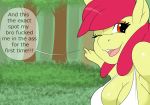  anthro apple_bloom_(mlp) big_breasts breasts cleavage clothed clothing dialogue english_text equid equine female friendship_is_magic horse mammal my_little_pony one_eye_closed outside pony profanity skyearts solo text tree wink 
