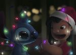  2015 5_fingers alien antennae_(anatomy) black_hair blue_body blue_fur blue_nose brown_eyes child christmas christmas_lights clothing disney experiment_(lilo_and_stitch) eyebrows fingers fur hair hat headgear headwear holidays human light lilo_and_stitch lilo_pelekai long_hair mammal no_sclera open_mouth open_smile ribera santa_hat signature smile stitch_(lilo_and_stitch) tongue young 