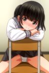  1girl absurdres black_hair black_sailor_collar black_skirt blush chair highres long_sleeves looking_at_viewer matsunaga_kouyou nose_blush on_chair original panties sailor_collar school_uniform serafuku shirt sitting sitting_backwards skirt smile solo underwear white_panties white_shirt 