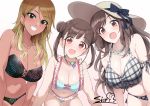  3girls bangs bare_shoulders bikini black_bikini black_eyes blonde_hair blue_bikini blush breasts brown_eyes brown_hair cleavage collarbone dark_skin double_bun earrings flower flower_necklace gradient_hair grey_bikini grin gyaru hat hoop_earrings idolmaster idolmaster_shiny_colors izumi_mei jewelry large_breasts long_hair looking_at_viewer multicolored_hair multiple_girls navel necklace open_mouth red_eyes short_twintails sian simple_background smile sonoda_chiyoko sun_hat swept_bangs swimsuit tsukioka_kogane twintails white_background 