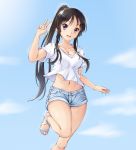  1girl :d akiyama_mio bangs black_hair blue_shorts blush breasts cleavage cloud collarbone commentary day ear english_commentary eyebrows_visible_through_hair eyelashes feet fingernails grey_eyes hair_tie highres k-on! knees long_hair looking_at_viewer navel older open_mouth ponytail sandals shiny shiny_hair shirt short_shorts shorts sidelocks sky smile solace solo teeth tied_hair toenails toes tongue upper_teeth v white_footwear white_shirt 