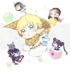  1boy 4girls :3 =_= abigail_williams_(fate/grand_order) ahoge animal arms_up artoria_pendragon_(all) bangs baseball_cap bikini black_bow black_dress black_hair black_headwear black_kimono blonde_hair blue_eyes blue_headwear blush bow brown_bow brown_scarf chibi closed_eyes closed_mouth commentary cube double_bun dress fate/grand_order fate/requiem fate_(series) grey_background hair_bow hair_rings hair_through_headwear hat highres japanese_clothes katsushika_hokusai_(fate/grand_order) kimono light_brown_hair long_hair long_sleeves minigirl multiple_girls mysterious_heroine_xx_(foreigner) octopus parted_bangs parted_lips ponytail puffy_long_sleeves puffy_sleeves purple_eyes scarf shrug_(clothing) side-tie_bikini sleeves_past_fingers sleeves_past_wrists sparkle star_(symbol) swimsuit symbol_commentary tokitarou_(fate/grand_order) totatokeke twintails two-tone_background v-shaped_eyebrows very_long_hair voyager_(fate/requiem) white_background white_bikini wide_sleeves yang_guifei_(fate/grand_order) 
