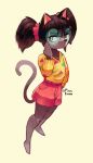  2019 4_fingers anthro barefoot black_nose bottomwear clothed clothing domestic_cat eyewear felid feline felis female fingers glasses grey_body hair hi_res looking_at_viewer mammal pigtails ping-ether shorts simple_background solo standing yellow_eyes 