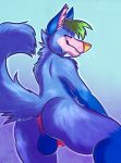  anthro anus balls blue_body blue_fur butt canid canine canis digital_drawing_(artwork) digital_media_(artwork) domestic_dog fur genitals german_shepherd green_body green_fur green_hair hair herding_dog hi_res hybrid inner_ear_fluff looking_back male mammal markings multicolored_body pastoral_dog penis pink_anus pink_penis pinup pose puffy_anus purple_eyes raised_leg raised_tail signature simple_background smile smirk solo solo_focus tailtufts teeth tuft watermark whisker_markings whisker_spots whiskers white_body white_fur wolf yellow_nose 