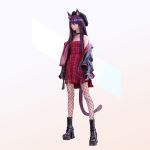  1girl absurdres animal_ears arknights black_footwear black_headwear black_jacket boots cat_ears cat_girl cat_tail clothing_request collar hat highres jacket leather leather_jacket long_hair looking_at_viewer melantha_(arknights) multicolored_hair open_mouth pink_eyes plaid plaid_shirt purple_hair shirt simple_background solo tail wonbin_lee zipper 