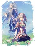  1boy 1girl black_legwear blue_eyes brother_and_sister closed_mouth copyright_name curly_hair dress ebira elbow_gloves flower gloves grass hat head_wings highres kallian long_sleeves melia outdoors petals short_hair siblings silver_hair sitting thighhighs xenoblade_(series) xenoblade_1 
