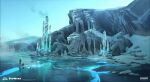  2others astronaut ben_lo building chimney cliff colored_smoke day frozen_lake full_body glowing highres ice karst mass_effect_(series) mini_person mountainous_horizon multiple_others outdoors planet reflective_surface river smoke snow spacesuit stairs water 