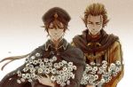  2boys beard black_cape black_headwear brown_eyes brown_hair cape closed_eyes facial_hair facing_viewer flower hair_between_eyes holding holding_flower looking_at_viewer male_focus master_of_the_deep_sea_nova multiple_boys oedo_(mekyox) pixiv_fantasia pixiv_fantasia_age_of_starlight pointy_ears simple_background trade_king_farid upper_body 