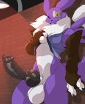  absurd_res albelwolf anthro balls big_balls big_penis bloodshot_(albelwolf) clothing cybernetics digimon digimon_(species) erection genitals gloves grin handwear hi_res machine male mane penis renamon smile solo weskers 