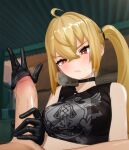  1boy 1girl 3d :/ ahoge black_choker black_shirt blonde_hair blush breasts choker commentary eclairstones english_commentary gloved_handjob gloves handjob highres indoors large_breasts luciana_de_montefio penis penis_in_glove shirt sleeveless sleeveless_shirt steaming_body sweat twitter_username uncensored upper_body zenless_zone_zero 