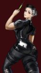  1girl artist_name ass belt black_dress black_legwear dorohedoro dress earrings from_behind hat jewelry latex latex_dress looking_at_viewer looking_back muscle muscular_female nextoad noi_(dorohedoro) nurse nurse_cap patch patches red_background red_cross red_eyes short_hair silver_hair simple_background solo syringe 