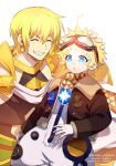  2boys alternate_costume baggy_clothes bangs blonde_hair blue_eyes bright_pupils chest closed_eyes earrings eyebrows_visible_through_hair fate/grand_order fate/requiem fate_(series) gloves glowing goggles goggles_on_head gradient_hair greek_clothes hand_on_head jason_(fate/grand_order) jewelry light long_sleeves male_focus meiji_ken multicolored_hair multiple_boys open_mouth parted_bangs petting revealing_clothes scarf sitting smile spacesuit star_(symbol) teeth upper_body voyager_(fate/requiem) white_background yellow_scarf 