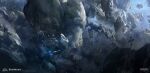  asteroid asteroid_belt ben_lo concept_art contrail debris dust_cloud glowing highres mass_effect_(series) no_humans painterly planet scenery smoke smoke_trail space spacecraft 