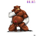  1:1 2014 7h_husky anthro balls belly big_dick_day brown_body brown_fur erection fur genitals humanoid_genitalia humanoid_hands humanoid_penis male mammal moobs nipples overweight overweight_male penis scar simple_background solo ursid white_background 