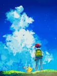 1boy artist_name backpack bag blue_jacket blue_sky cloud cloudy_sky commentary_request denim gen_1_pokemon grass green_backpack highres jacket jeans looking_at_another looking_away looking_up mu_acrt pants pikachu pokemon red_headwear satoshi_(pokemon) sky white_headwear 