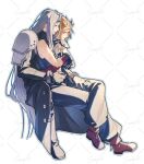  2boys aqua_eyes arm_around_waist armor armored_gloves baggy_pants bangle belt black_boots black_coat black_gloves black_pants blonde_hair blue_shirt boots bracelet brown_belt brown_boots cloud_strife coat crossed_arms crossed_legs final_fantasy final_fantasy_vii final_fantasy_vii_remake full_body gloves grey_hair hair_between_eyes jewelry light_smile long_coat long_hair male_focus multiple_boys pants parted_bangs parted_lips pauldrons sample_watermark sephiroth shirt short_hair shoulder_armor single_bare_shoulder single_pauldron sitting sleeveless sleeveless_turtleneck spiked_hair suspenders sweatdrop turtleneck watermark white_background yaoi yunyunonigiri 